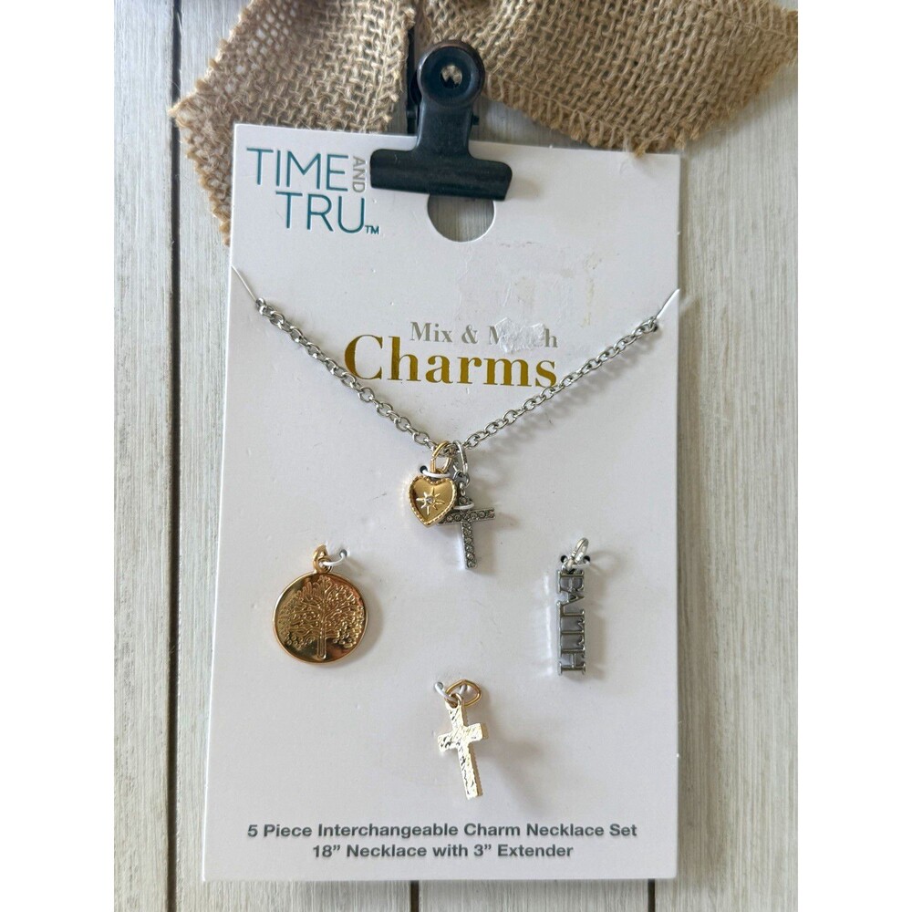 Time and Tru Faith Charm Necklace Set 5pc 18"+3" Silver/Gold
